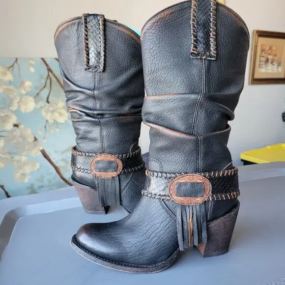 Corral Ladies Brown Fringe Slouch Boots Size 6.5M - Picture 3 of 14